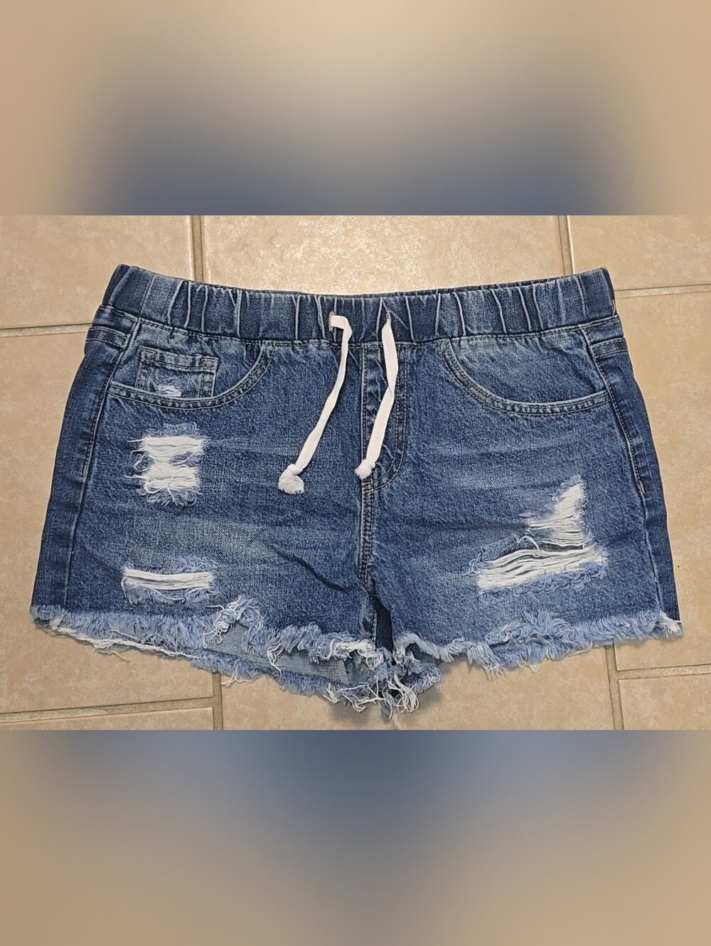 Women’s Distressed Denim Drawstring Shorts - Blue